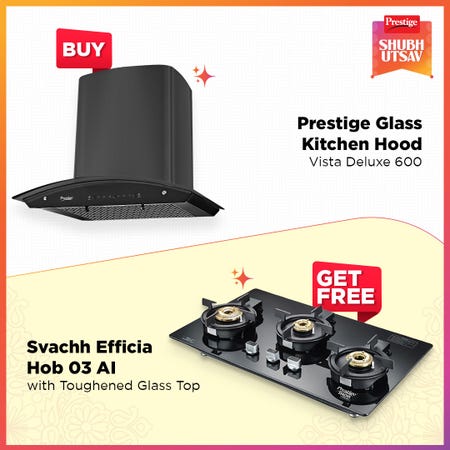 Prestige Glass Kitchen Hood - Vista Deluxe 600 with Svachh Efficia Hob 03 AI (Toughened Glass Top Multi Spark Ignition System & 3 Brass Burners) and Chimney Installation Kit