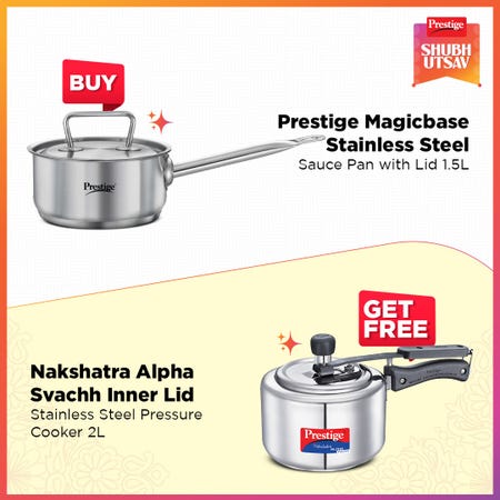 Prestige Magicbase 16cm/1.5L Stainless Steel Sauce Pan with Lid| Tri-Ply Bottom| Induction & ISI Certified, with Nakshatra Alpha Svachh 2L SS Spillage Control Pressure Cooker (Silver)