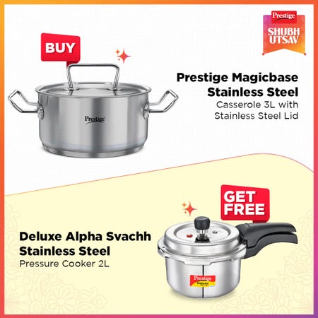 Prestige 20cm/3L Magicbase Stainless Steel Casserole with Lid| Tri-Ply Bottom| Induction & ISI Certified, with Deluxe Alpha Svachh 2L SS Spillage Control Pressure Cooker (Silver)