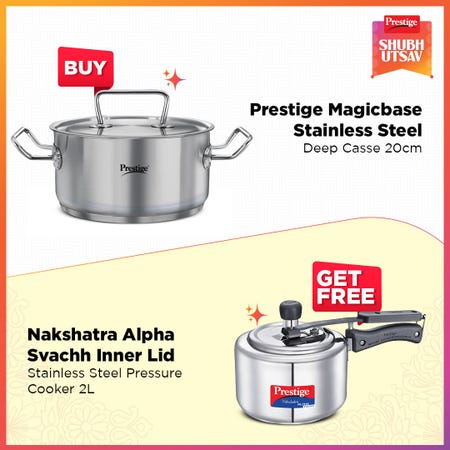 Prestige 20cm/3.5L Magicbase Stainless Steel Deep Casserole with Lid| Tri-Ply Bottom| Induction & ISI Certified, with Nakshatra Alpha Svachh 2L SS Spillage Control Pressure Cooker (Silver)