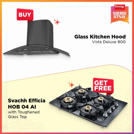 Prestige Vista Deluxe 900 Glass Kitchen Hood | with Svachh Efficia HOB 04 AI – Toughened Glass Top, Multi-Spark Ignition & 4 Brass Burners | Plus Chimney Installation Kit